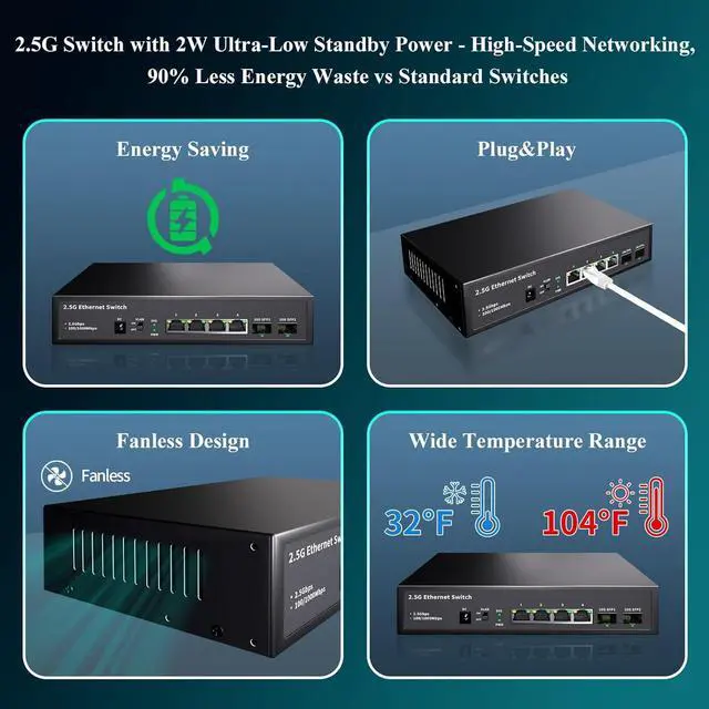 Alt view image 6 of 7 - 6-Port 2.5G Ethernet Switch Unmanaged | 4x2.5G RJ45 + 2x10G SFP | 60G Bandwidth | Plug & Play for NAS, Gaming PC, 4K Video, WiFi 6/7 Routers/ 2.5G Server | Multi-Gigabit Metal Desktop Hub