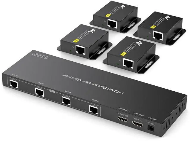 Main image of 4K 1x4 HDMI Extender Splitter Over CAT6/7 Ethernet 4K30Hz Up to 165ft-1080P Up to 196ft Support HDMI Loop Out EDID with 4X Receivers