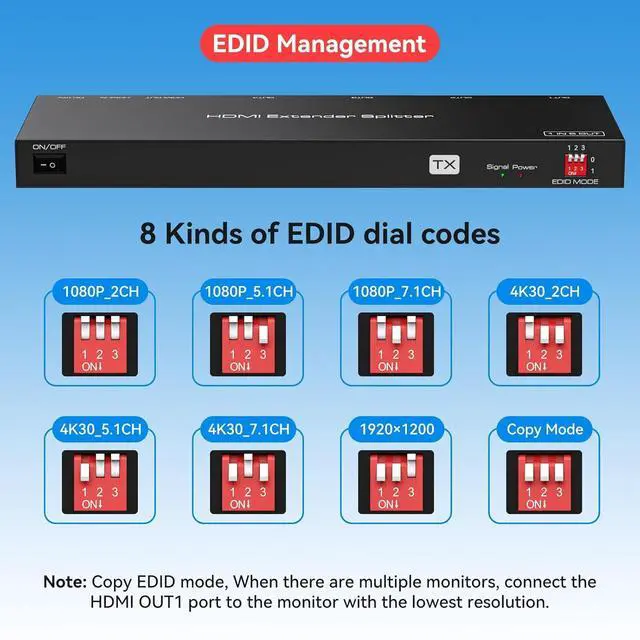 Alt view image 5 of 7 - 4K 1x4 HDMI Extender Splitter Over CAT6/7 Ethernet 4K30Hz Up to 165ft-1080P Up to 196ft Support HDMI Loop Out EDID with 4X Receivers