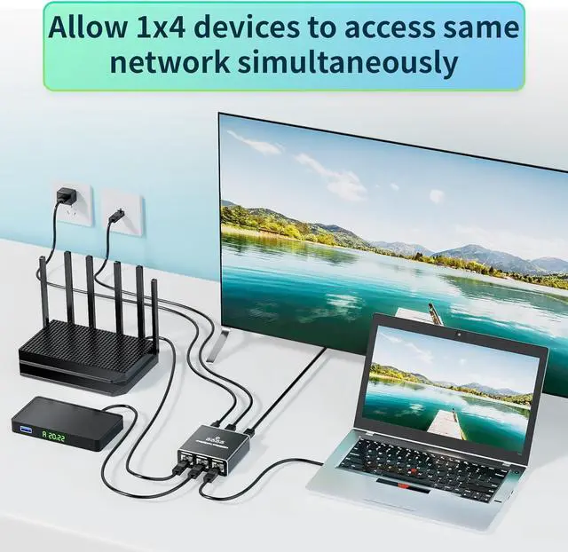 Alt view image 2 of 7 - Ethernet Splitter 1 to 4 High Speed 1000Mbps, BolAAzuL Gigabit RJ45 Splitter Adapter 1 in 4 Female Out, LAN/Internet Cable Cat 8/7/6/5/5e Network Splitter 1x4 | Plug&Play | with USB Power Cable