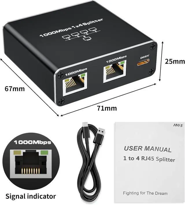Alt view image 7 of 7 - Ethernet Splitter 1 to 4 High Speed 1000Mbps, BolAAzuL Gigabit RJ45 Splitter Adapter 1 in 4 Female Out, LAN/Internet Cable Cat 8/7/6/5/5e Network Splitter 1x4 | Plug&Play | with USB Power Cable