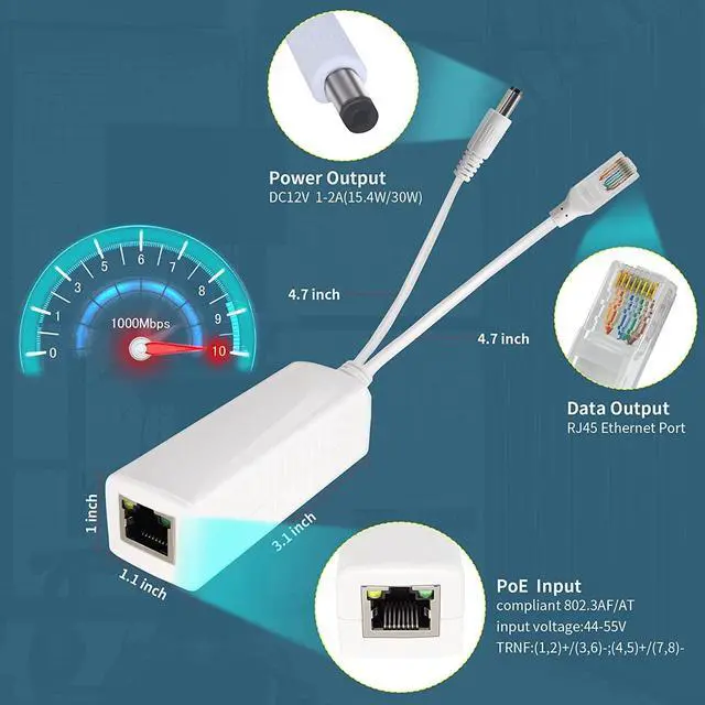 Alt view image 3 of 6 - Gigabit PoE Splitter Adapter,12V 2A Output,1000Mbps, IEEE 802.3AF/at, Suitable for IP Cameras, AP WiFi, IP Phones, and Other DC Power Supply Devices,5.5x2.1mm DC, Input Voltage48-52V,2 Pack