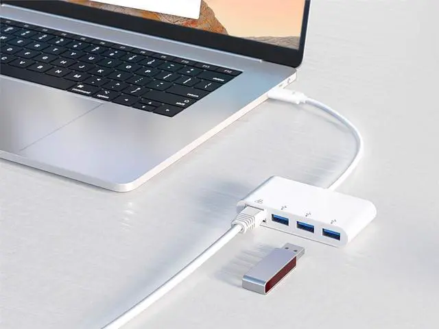 Alt view image 6 of 6 - Monoprice USB-C 3-Port USB 3.0 Hub and Gigabit Ethernet Adapter - Plug-n-Play, Supports Up To 5Gbps Data Rate, Compatible with MacOS, Windows, Chrome OS, White - Select Series
