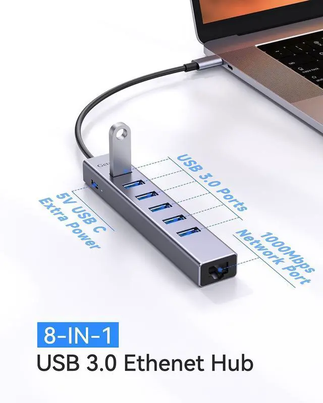 Alt view image 2 of 7 - USB 3.0 Hub, 8 Ports USB Ethernet Hub, with 7 USB 3.0 Port, 5V Extra Power Port, Aluminum Shell USB A HUB, USB Expander for Laptop, Flash Drive, HDD, Printer,Keyborad, Mouse