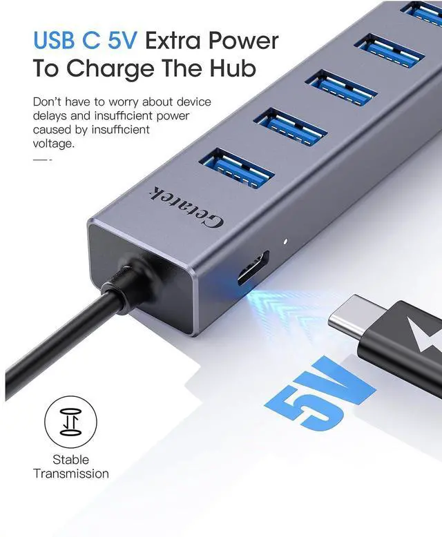 Alt view image 3 of 7 - USB 3.0 Hub, 8 Ports USB Ethernet Hub, with 7 USB 3.0 Port, 5V Extra Power Port, Aluminum Shell USB A HUB, USB Expander for Laptop, Flash Drive, HDD, Printer,Keyborad, Mouse