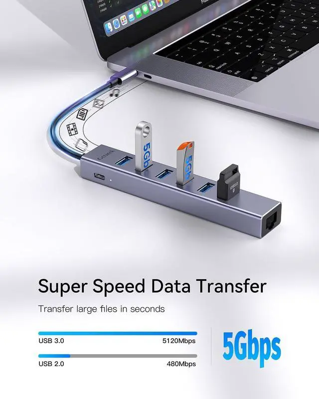 Alt view image 4 of 7 - USB 3.0 Hub, 8 Ports USB Ethernet Hub, with 7 USB 3.0 Port, 5V Extra Power Port, Aluminum Shell USB A HUB, USB Expander for Laptop, Flash Drive, HDD, Printer,Keyborad, Mouse
