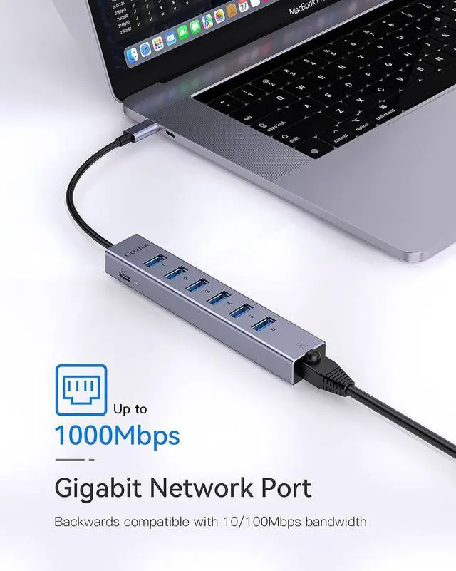Alt view image 5 of 7 - USB 3.0 Hub, 8 Ports USB Ethernet Hub, with 7 USB 3.0 Port, 5V Extra Power Port, Aluminum Shell USB A HUB, USB Expander for Laptop, Flash Drive, HDD, Printer,Keyborad, Mouse