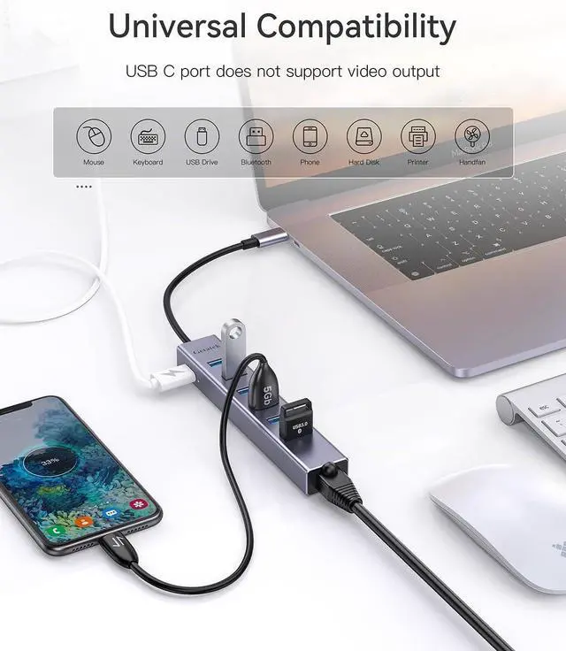 Alt view image 6 of 7 - USB 3.0 Hub, 8 Ports USB Ethernet Hub, with 7 USB 3.0 Port, 5V Extra Power Port, Aluminum Shell USB A HUB, USB Expander for Laptop, Flash Drive, HDD, Printer,Keyborad, Mouse