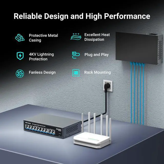 Alt view image 3 of 7 - 8 Port PoE Switch with 8 Ports 100Mbps PoE+@120W + 2 * Gigabit Uplink Port, NICGIGA 10 Port 802.3af/at Power Over Ethernet Network Switch Unmanaged, VLAN and 250m Extender Mode, Fanless.