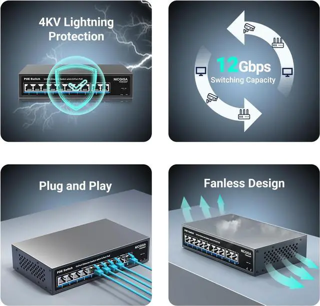 Alt view image 6 of 7 - 8 Port PoE Switch with 8 Ports 100Mbps PoE+@120W + 2 * Gigabit Uplink Port, NICGIGA 10 Port 802.3af/at Power Over Ethernet Network Switch Unmanaged, VLAN and 250m Extender Mode, Fanless.