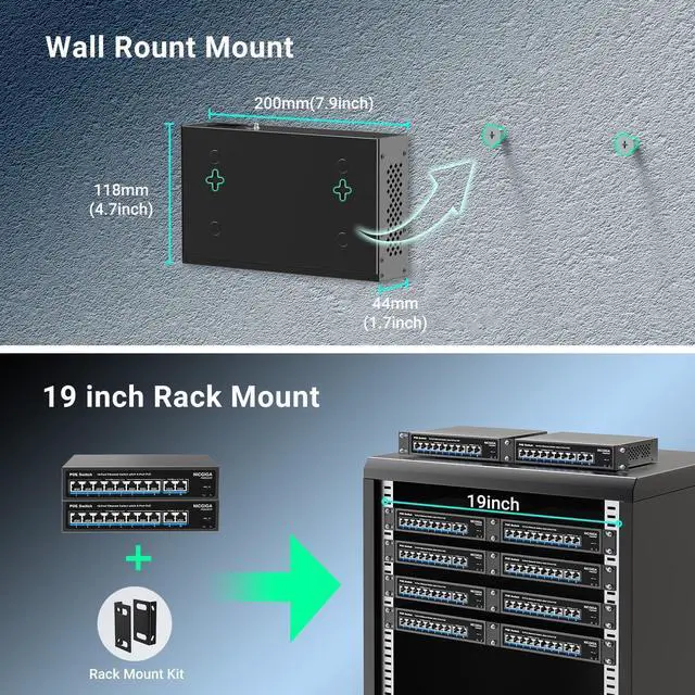 Alt view image 7 of 7 - 8 Port PoE Switch with 8 Ports 100Mbps PoE+@120W + 2 * Gigabit Uplink Port, NICGIGA 10 Port 802.3af/at Power Over Ethernet Network Switch Unmanaged, VLAN and 250m Extender Mode, Fanless.