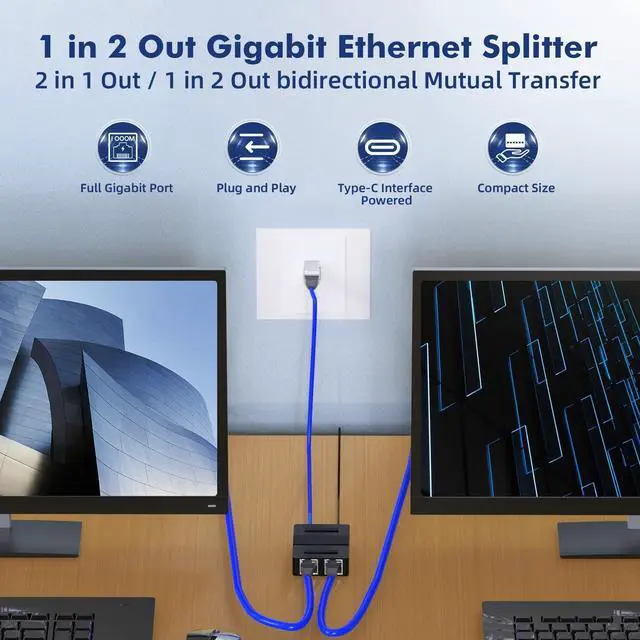 Alt view image 2 of 7 - Binardat 1 to 2 Gigabit Network Splitter, 3 Port Gigabit Ethernet Switch, Type-C Power Supply, Mini Size Plug and Play