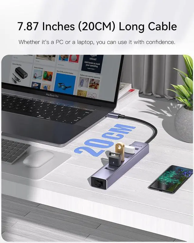 Alt view image 7 of 7 - USB 3.0 Hub, 8 Ports USB Ethernet Hub, with 7 USB 3.0 Port, 5V Extra Power Port, Aluminum Shell USB A HUB, USB Expander for Laptop, Flash Drive, HDD, Printer,Keyborad, Mouse