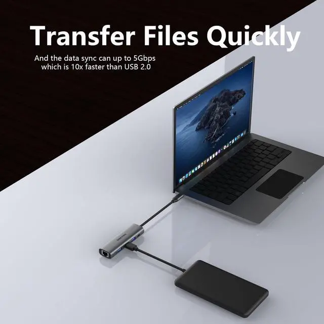 Alt view image 4 of 7 - USB 3.0 Hub with Gigabit Ethernet, 3-Port USB-A 5Gbps + USB-C Power Port for MacBook, Dell, HP, Surface (Plug and Play) (USB-C)