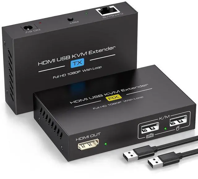Main image of HDMI KVM USB Extender Over Cat5e/6/7 Ethernet 1080P Up to 394ft/120m with Loop Out HDMI and USB Extender for Remote Control of Monitor and Keyboard Mouse
