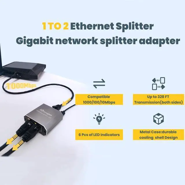Alt view image 2 of 7 - Ethernet splitter 1 to 2,Ethernet splitter,ethernet switch 2 port,1000Mbps ethernet hub,usb powered ethernet switch,dual ethernetsplitter,cat 6 HUB 1 in 2 out,cat 5splitter 1 to 2 high speed