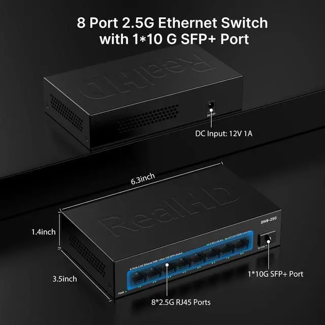 Alt view image 5 of 6 - Real HD 8 Port 2.5G Ethernet Switch Unmanaged Network Switch with 8 x 2.5 Gigabit | 1 x 10G SFP+ | Work with 10-100-1000Mbps Devices | 60G Bandwidth | Plug & Play | Fanless Quiet Metal Internet Switch
