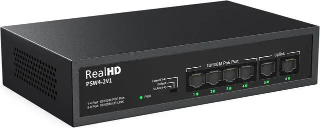 Main image of 6 Port PoE Switch, 4 Ports 10/100Mbps PoE+ 2 Ethernet Uplink, Total Power Budget 55W, 802.3af/at Compliant, Compatible with IP Cameras VOIP Phones, Unmanaged Plug and Play
