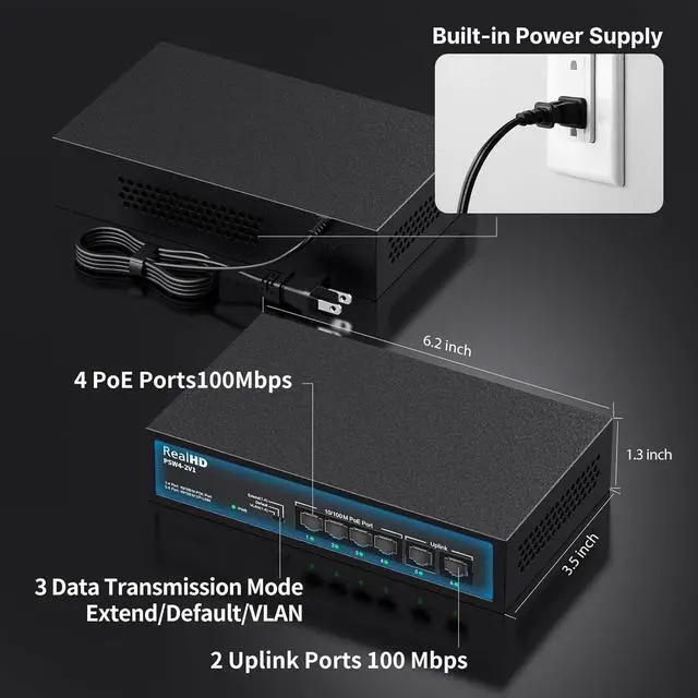 Alt view image 2 of 7 - 6 Port PoE Switch, 4 Ports 10/100Mbps PoE+ 2 Ethernet Uplink, Total Power Budget 55W, 802.3af/at Compliant, Compatible with IP Cameras VOIP Phones, Unmanaged Plug and Play