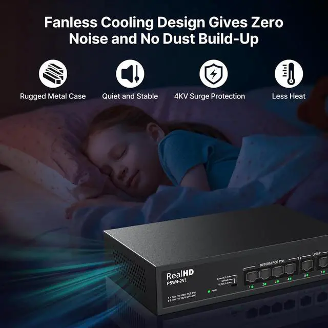 Alt view image 4 of 7 - 6 Port PoE Switch, 4 Ports 10/100Mbps PoE+ 2 Ethernet Uplink, Total Power Budget 55W, 802.3af/at Compliant, Compatible with IP Cameras VOIP Phones, Unmanaged Plug and Play