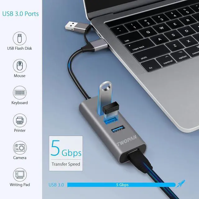 Alt view image 3 of 6 - USB 3.0 Hub Ethernet, Aluminum USB C to Ethernet Adapter, 3 Port USB C Hub for Laptop, RJ45 LAN Adapter for 24 inch iMac 2021, New MacBook Pro/Air, Chromebook, Pixelbook, Surface, Yoga, XPS