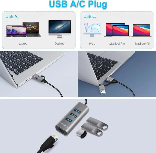 Alt view image 2 of 6 - USB 3.0 Hub Ethernet, Aluminum USB C to Ethernet Adapter, 3 Port USB C Hub for Laptop, RJ45 LAN Adapter for 24 inch iMac 2021, New MacBook Pro/Air, Chromebook, Pixelbook, Surface, Yoga, XPS