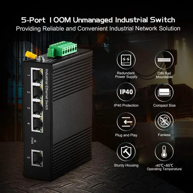 Alt view image 2 of 7 - Binardat 5 Port Din Rail Industrial Ethernet Switch, 4 Ports and 1 Uplink 10/100Mbps, Fanless Wall Mount, with One Power Supply
