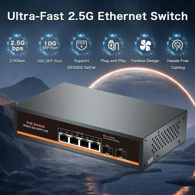 Alt view image 3 of 6 - 2.5G Unmanaged PoE Switch with 4 x 2.5G Base-T Ports and 2 x 10G SFP Uplink Port, Compatible with 100/1000/2500Mbps, Fanlesss Design, Plug & Play, 2.5Gb Power Over Ethernet Switch