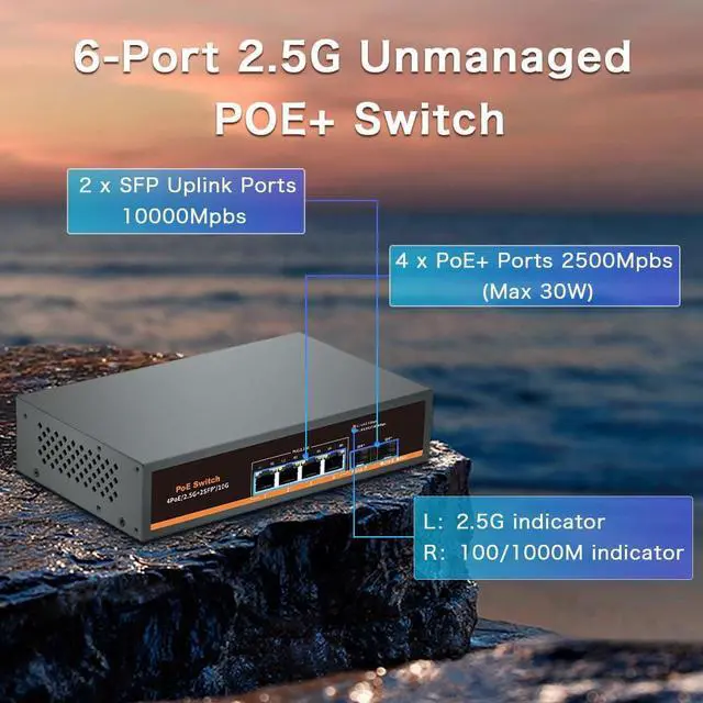 Alt view image 2 of 6 - 2.5G Unmanaged PoE Switch with 4 x 2.5G Base-T Ports and 2 x 10G SFP Uplink Port, Compatible with 100/1000/2500Mbps, Fanlesss Design, Plug & Play, 2.5Gb Power Over Ethernet Switch