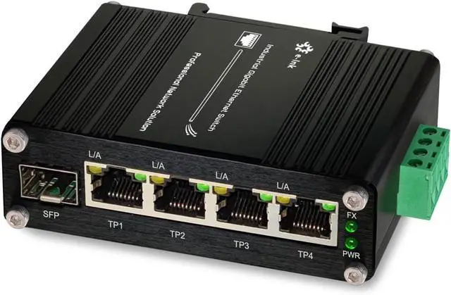 Main image of Industrial Gigabit 4-Port Ethernet Switch - Hardened 10/100/1000Mbps Fiber with 100/1000M Adaptive SFP Slot, Din Rail/Wall Mount, Unmanaged Network, 12-48V DC, 5-Port