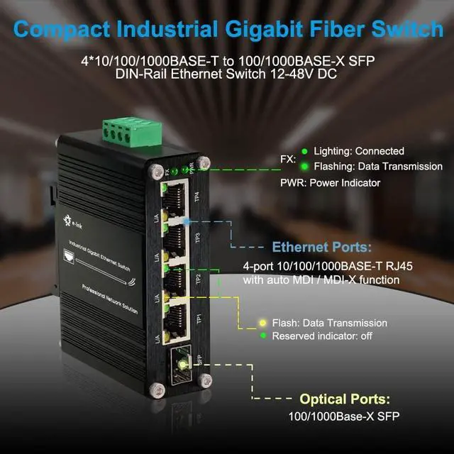 Alt view image 2 of 7 - Industrial Gigabit 4-Port Ethernet Switch - Hardened 10/100/1000Mbps Fiber with 100/1000M Adaptive SFP Slot, Din Rail/Wall Mount, Unmanaged Network, 12-48V DC, 5-Port