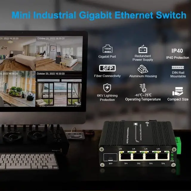 Alt view image 4 of 7 - Industrial Gigabit 4-Port Ethernet Switch - Hardened 10/100/1000Mbps Fiber with 100/1000M Adaptive SFP Slot, Din Rail/Wall Mount, Unmanaged Network, 12-48V DC, 5-Port