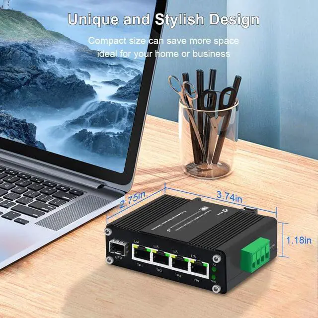 Alt view image 7 of 7 - Industrial Gigabit 4-Port Ethernet Switch - Hardened 10/100/1000Mbps Fiber with 100/1000M Adaptive SFP Slot, Din Rail/Wall Mount, Unmanaged Network, 12-48V DC, 5-Port