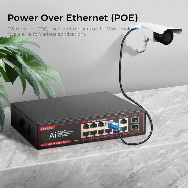 Alt view image 2 of 6 - POE Gigabit Switch 8 Ports with 2 Uplink and 2 1.25G SFP, 12 Ports POE Ethernet Network Switch with 120W AI Detection,802.3af/at Compliant |Fanless Design |Plug & Play