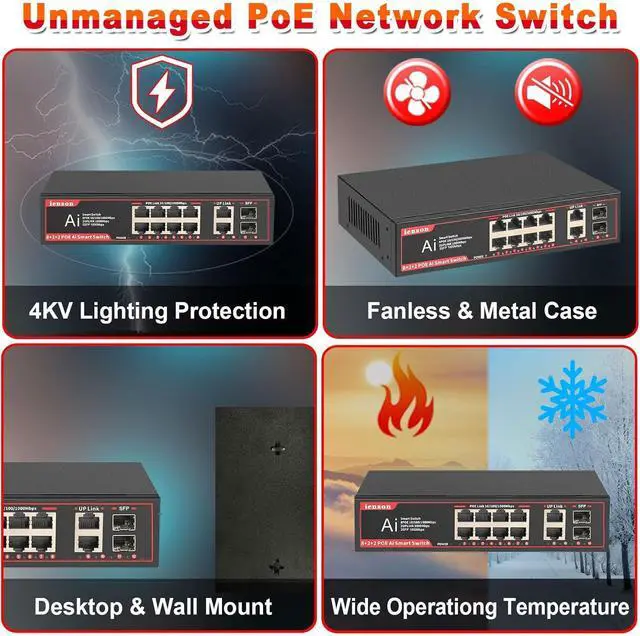 Alt view image 6 of 6 - POE Gigabit Switch 8 Ports with 2 Uplink and 2 1.25G SFP, 12 Ports POE Ethernet Network Switch with 120W AI Detection,802.3af/at Compliant |Fanless Design |Plug & Play