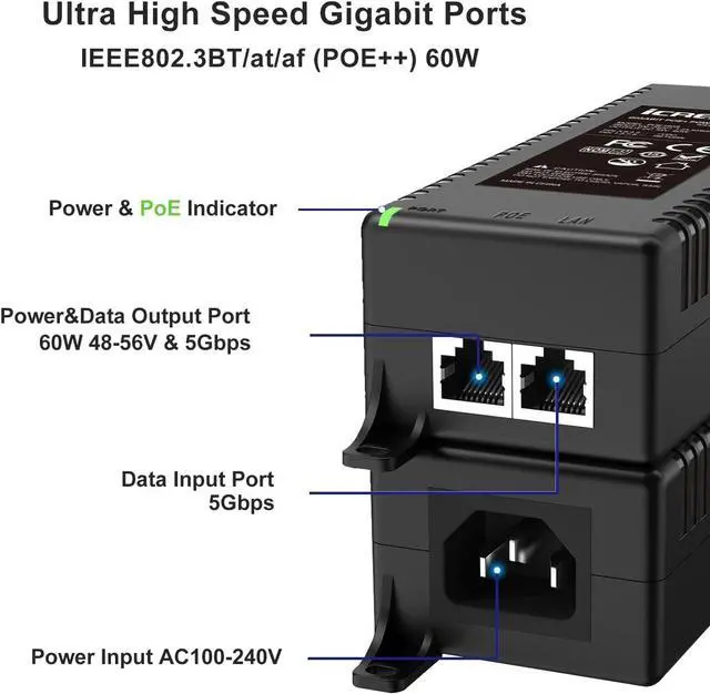 Alt view image 2 of 6 - 5G POE++ Injector 60W, IEEE 802.3bt/af/at, 5G/2.5Gbps/1Gigabit PoE+ Ethernet Adapter, 5G Base-T Compliant, Network a PoE Device up to 328ft, for High Power PTZ Camera, VOIP Phone, WiFi 6 AP etc.