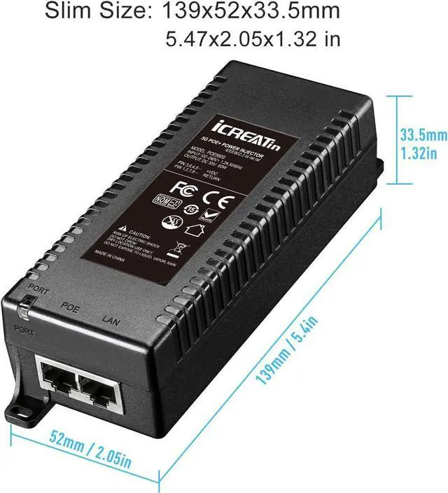 Alt view image 5 of 6 - 5G POE++ Injector 60W, IEEE 802.3bt/af/at, 5G/2.5Gbps/1Gigabit PoE+ Ethernet Adapter, 5G Base-T Compliant, Network a PoE Device up to 328ft, for High Power PTZ Camera, VOIP Phone, WiFi 6 AP etc.