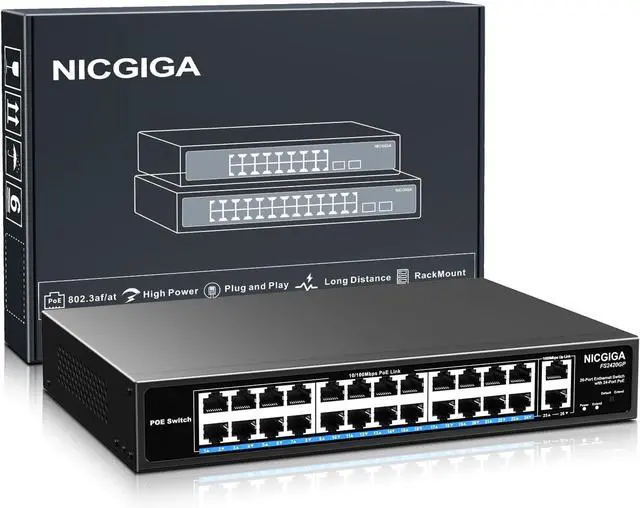 Main image of 24 Port PoE Switch Unmanaged, 24 Port PoE+@400W, 2 Gigabit Uplink Ports, NICGIGA 26 Port Network Power Over Ethernet Switch, VLAN Mode, 250m Extend, 19 inch RackMount, Plug and Play.