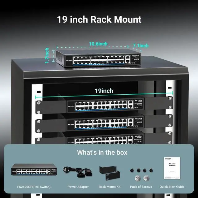 Alt view image 7 of 7 - 24 Port PoE Switch Unmanaged, 24 Port PoE+@400W, 2 Gigabit Uplink Ports, NICGIGA 26 Port Network Power Over Ethernet Switch, VLAN Mode, 250m Extend, 19 inch RackMount, Plug and Play.