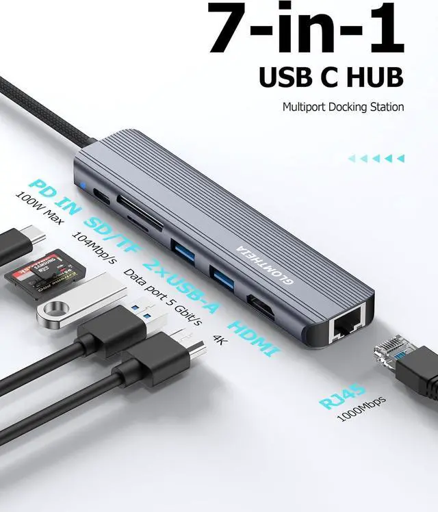 Alt view image 2 of 7 - USB C Hub Ethernet HDMI Adapter for Mac MacBook Air/Pro Laptop, Multiport Dock with RJ45 Gigabit Ethernet, 4K HDMI, USB 3.0, SD/TF Card Reader, PD 100W Charging