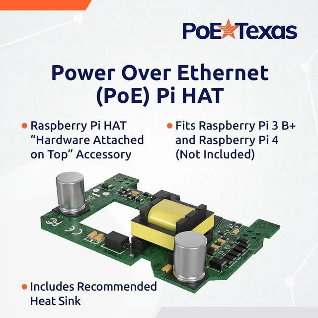 Alt view image 2 of 6 - PoE Texas Raspberry Pi PoE Hat - Power Over Ethernet PiHat Fits Raspberry Pi 3 B+ and Pi 4 - Slim, Sleek, Compact, Heat Sink, Fanless - Works with Active 802.3af PoE Network Switch or 48v PoE Injector