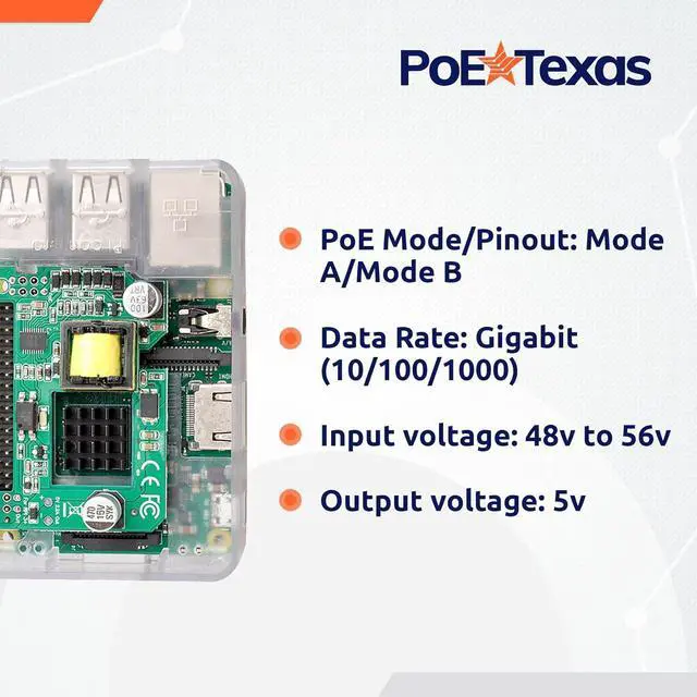 Alt view image 4 of 6 - PoE Texas Raspberry Pi PoE Hat - Power Over Ethernet PiHat Fits Raspberry Pi 3 B+ and Pi 4 - Slim, Sleek, Compact, Heat Sink, Fanless - Works with Active 802.3af PoE Network Switch or 48v PoE Injector