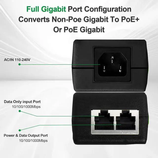 Alt view image 3 of 7 - Gigabit PoE+ Injector for Ethernet, 30W 48V with 10/100/1000Mbps & IEEE 802.3af/at Compliance. Extend Network up to 100M (328 ft) Plug and PlayBlack