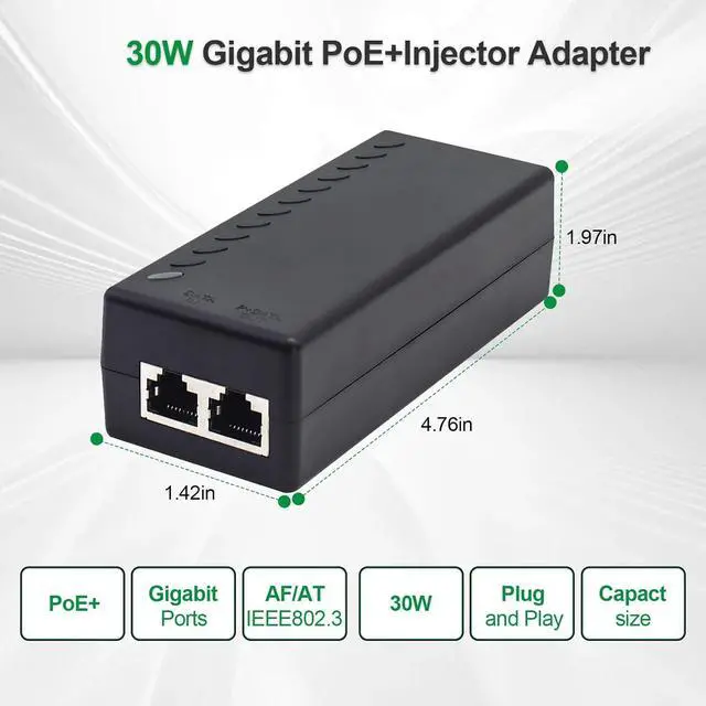 Alt view image 6 of 7 - Gigabit PoE+ Injector for Ethernet, 30W 48V with 10/100/1000Mbps & IEEE 802.3af/at Compliance. Extend Network up to 100M (328 ft) Plug and PlayBlack