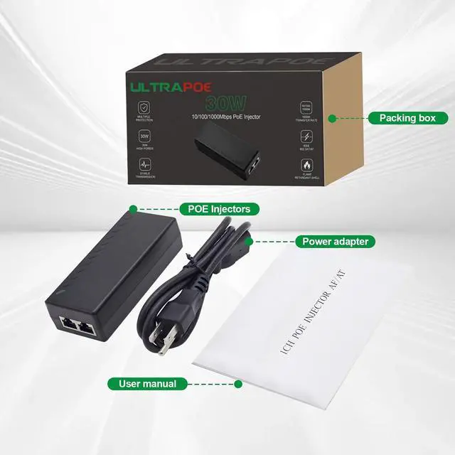 Alt view image 7 of 7 - Gigabit PoE+ Injector for Ethernet, 30W 48V with 10/100/1000Mbps & IEEE 802.3af/at Compliance. Extend Network up to 100M (328 ft) Plug and PlayBlack