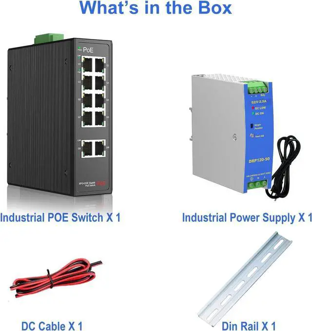 Alt view image 2 of 7 - Industrial 8-Port Full Gigabit POE+ Switch with Industrial DIN-Rail Power Supply, 2 Gigabit Uplink Port, Total 120W Budget, DIN-Rail POE Switch for IP Cameras, VoIP Phones, Wireless APs