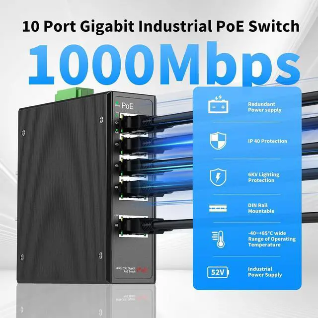 Alt view image 3 of 7 - Industrial 8-Port Full Gigabit POE+ Switch with Industrial DIN-Rail Power Supply, 2 Gigabit Uplink Port, Total 120W Budget, DIN-Rail POE Switch for IP Cameras, VoIP Phones, Wireless APs