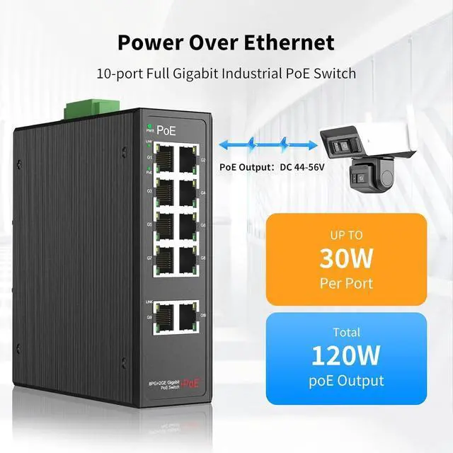 Alt view image 6 of 7 - Industrial 8-Port Full Gigabit POE+ Switch with Industrial DIN-Rail Power Supply, 2 Gigabit Uplink Port, Total 120W Budget, DIN-Rail POE Switch for IP Cameras, VoIP Phones, Wireless APs