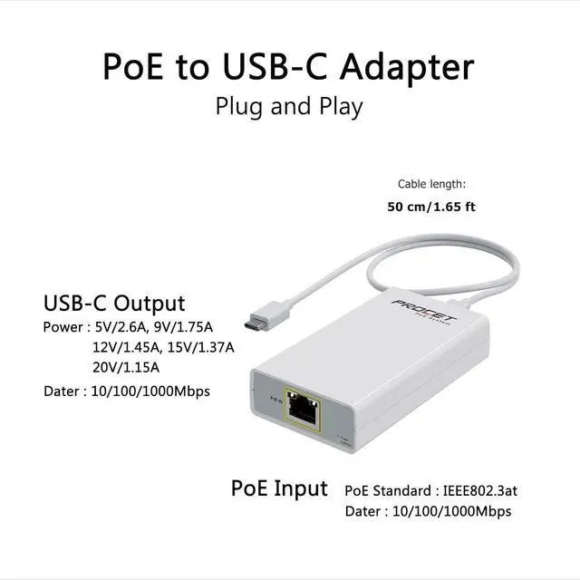 Alt view image 2 of 6 - Gigabit PoE to USB C Converter for Smart Phone/Tablet, USB-C to Ethernet Adapter with 23W Charging, Power & Data 2-in-1 RJ45 Port to Type-C Adapter, 10/100/1000Mbps High Speed Plug & Play,IEEE802.3at