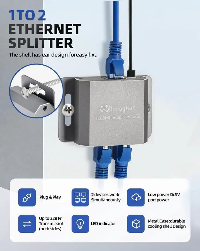 Alt view image 4 of 7 - ethernet Splitter 1 to 2 ethernet hub 2 Port,RJ45 Cable Splitter fixable RJ45 Internet Switch Internet Splitter, 1000Mbps for Cat 5/5e/6/7/8 Cable,Can be Fixed to The Wall